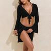Women's Two-Piece Fashionable Sexy Bikini Set With Lace Long-Sleeve Cardigan,
