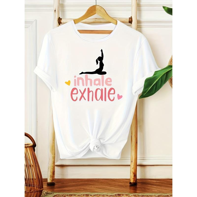 

Women s T-Shirt - Soft Breathable Fabric, Loose Fit Round Neck Short Sleeve with Inhale Exhale Casual Wear Playful Style, Comfortable Tee S белый