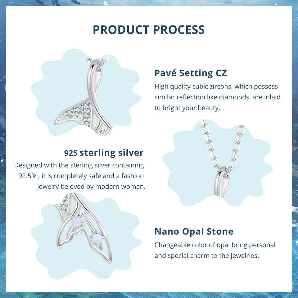 BAMOER White Gold Plated Fish Tail Necklace for Women, 925 Sterling Silver Nano Opal Heart Necklace