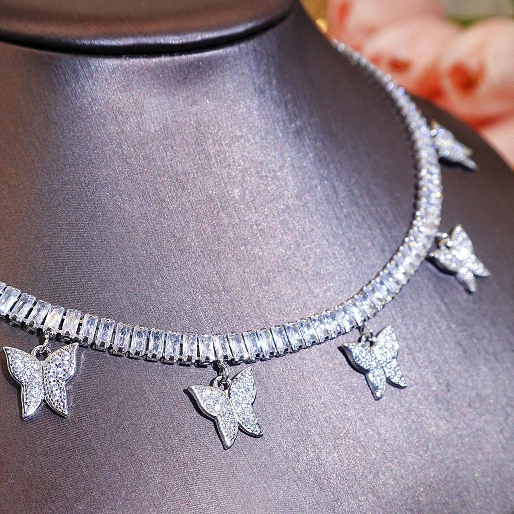 CMM European Wild Choker Fashion Simple Butterfly Shaped Pendant Tassel Necklace Street Hip-Hop Cool Short Inlaid Zircon