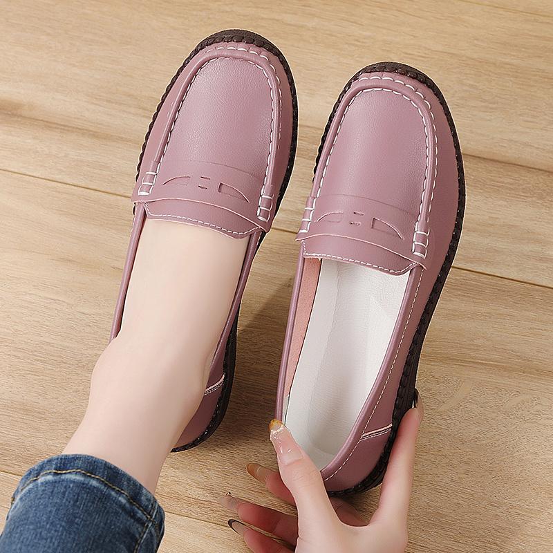 Women Simple Grey Loafers Leather Driving Moccasins Comfort Flats Casual Slip on Plus Size Black Shoes