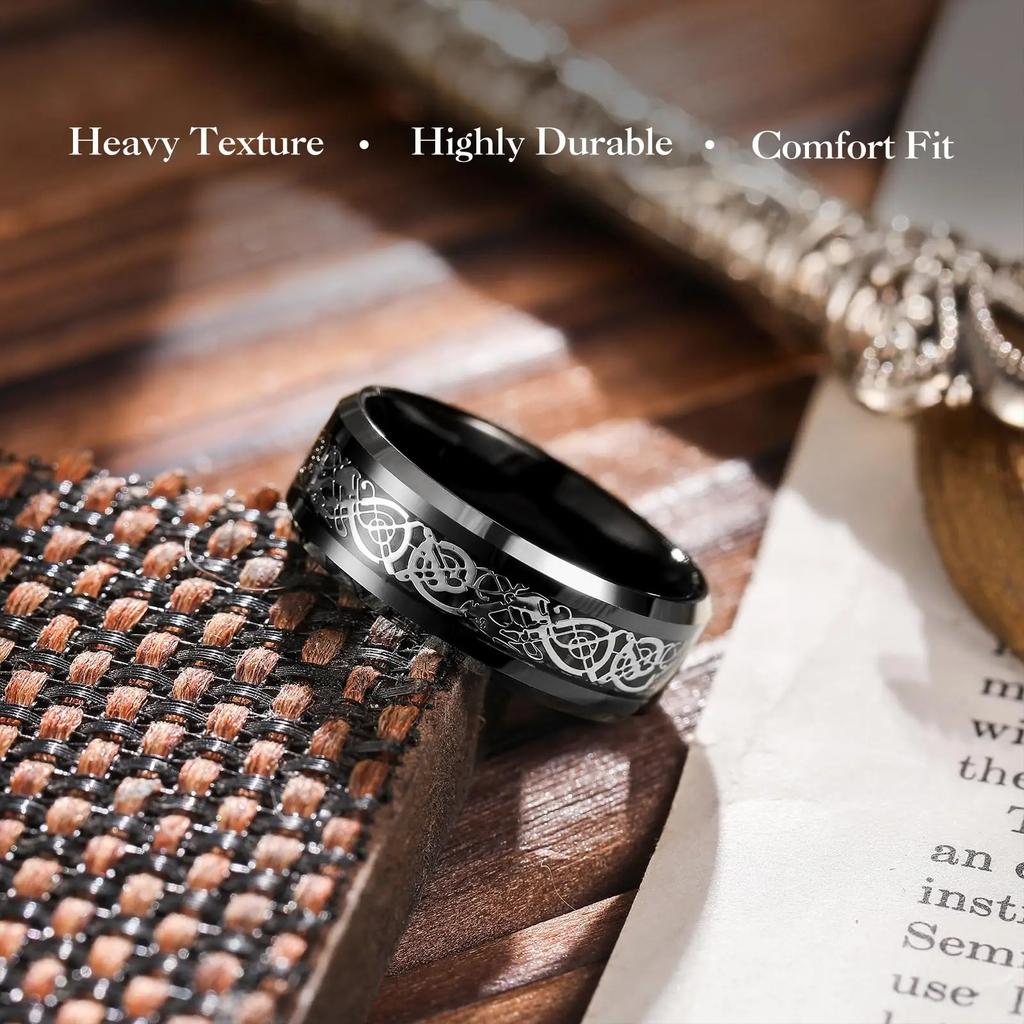 Fashion 8mm Men Stainless Steel Celtic Dragon Rings Inlay Black Carbon Fiber Rings For Men Wedding Band Jewelry