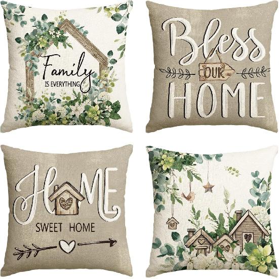 AVOIN Colorlife Sweet Home Family Is Everything Spring Floral Throw Pillow Covers, 18 X 18 Inch Seasonal Eucalyptus Flowers Cushion Case Decoration