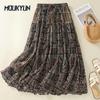 Summer Art Retro Double Layered Large Swing Printed Elastic Waist Skirt for Women Skirts