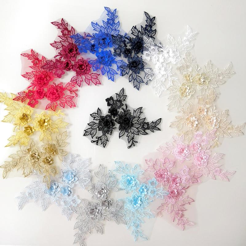 2Pcs Flower Embroidered Trim Lace Applique Fabric Craft Sewing Motif Dress Decoration Wedding Bridal DIY Patches Hollowed Out
