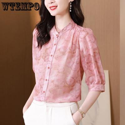 Dames Zevenkwart Mouw Chiffon Blouse Mode Zomer Outfit Losse Bloemen Blouse Opstaande Kraag Top