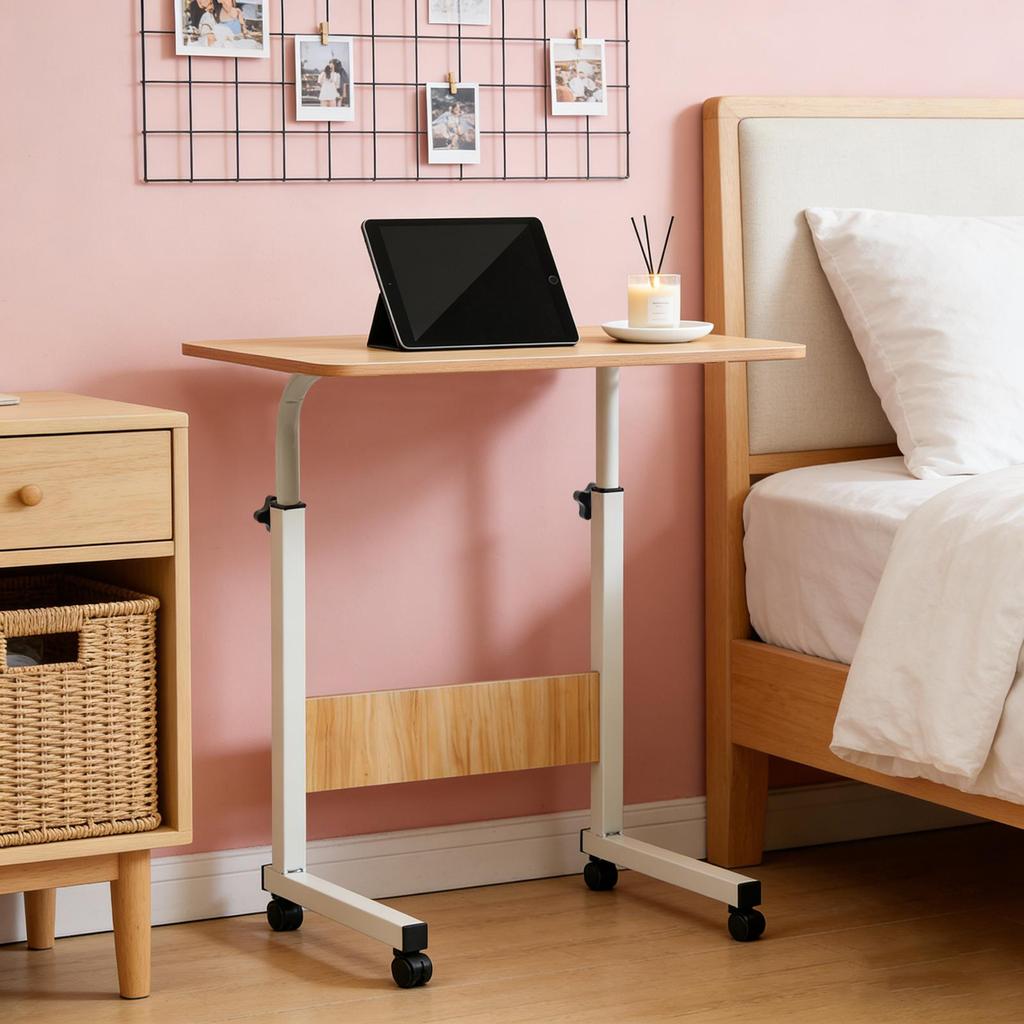 Height-Adjustable Mobile Laptop Desk – Rolling Computer Table with Lockable Wheels – White & Wood – 40 x 40 x 70-90 cm