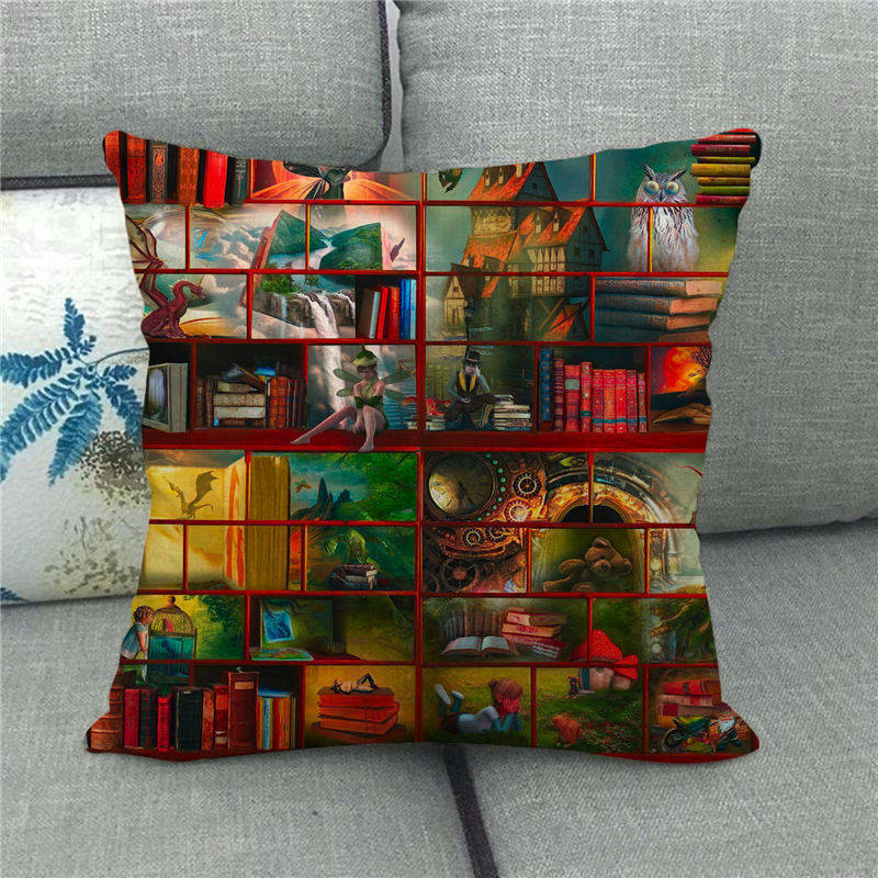 Watercolor Library Oil Painting Digital Printing Short Plush Pillow Covers For Car Sofa Office Cushion Cover Home Goods 60X60Cm