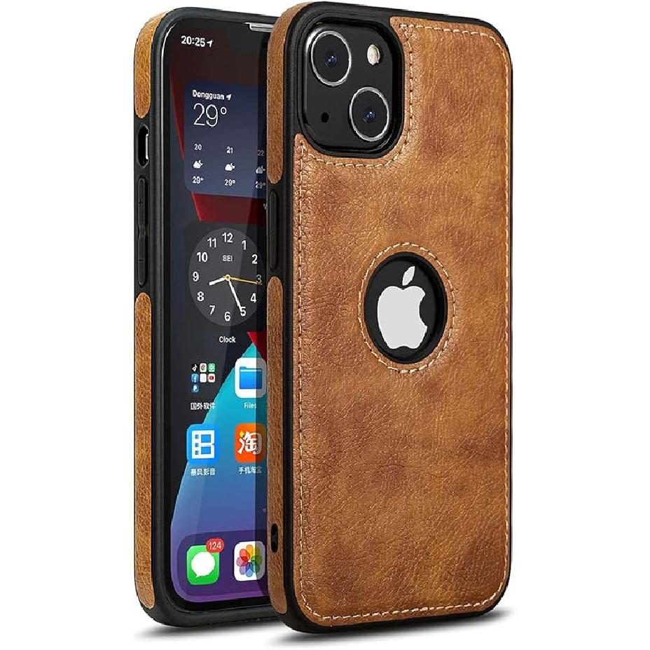Classy Design Luxury Leather Phone Case for iPhone 13 Non-Slip Grip Full Body Ultra Slim Protective Case (2021,6.1”) (Brown)