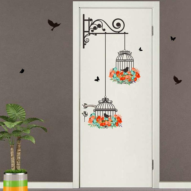Colorful Flower Birdcage Flying Birds Wall Sticker Creative Home Decor Decals
