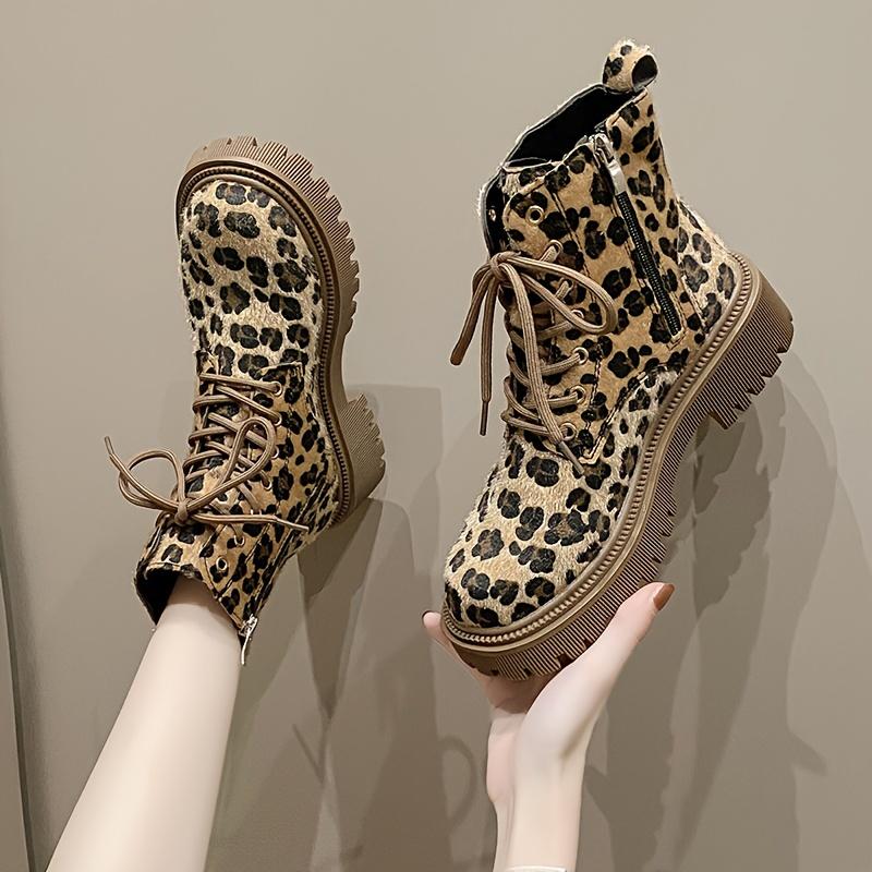 Damenstiefel mit Leopardenmuster, bequeme flache Stiefel mit seitlichem Reißverschluss und dicker Sohle, kurze Winterstiefel mit runder Zehenpartie
