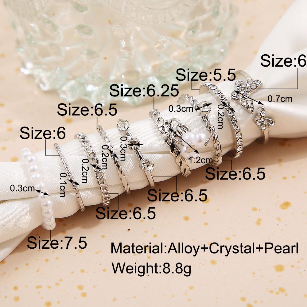 9-Piece Butterfly Rhinestone & Pearl Knuckle Ring Set for Women