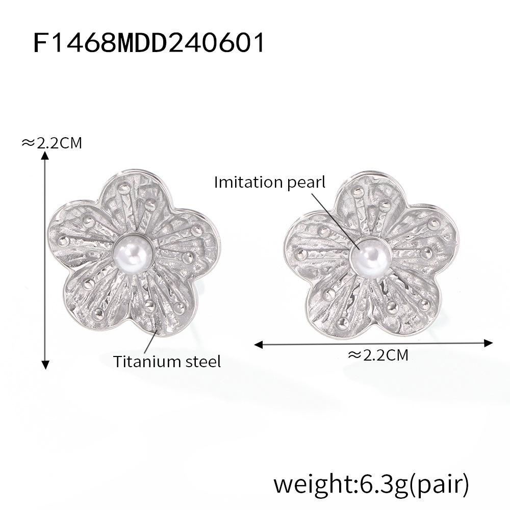 French Retro Titanium Steel Flower Earrings with Inlaid Shell Beads, 18K Gold-Plated Design