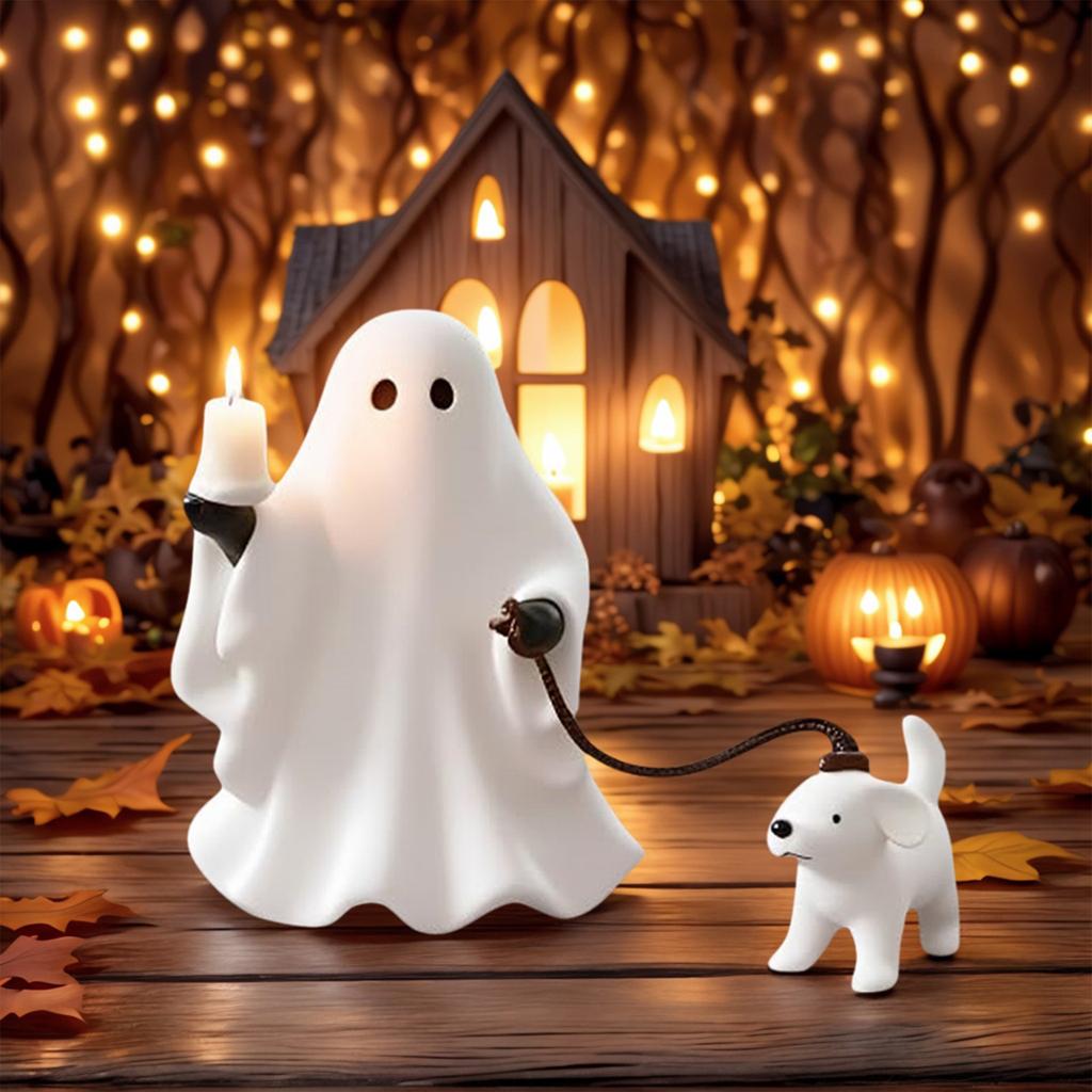 Halloween Ghost Walking Dog Statue Halloween Ghost Figurine Cute Ghost Ornament Halloween Tabletop Decoration