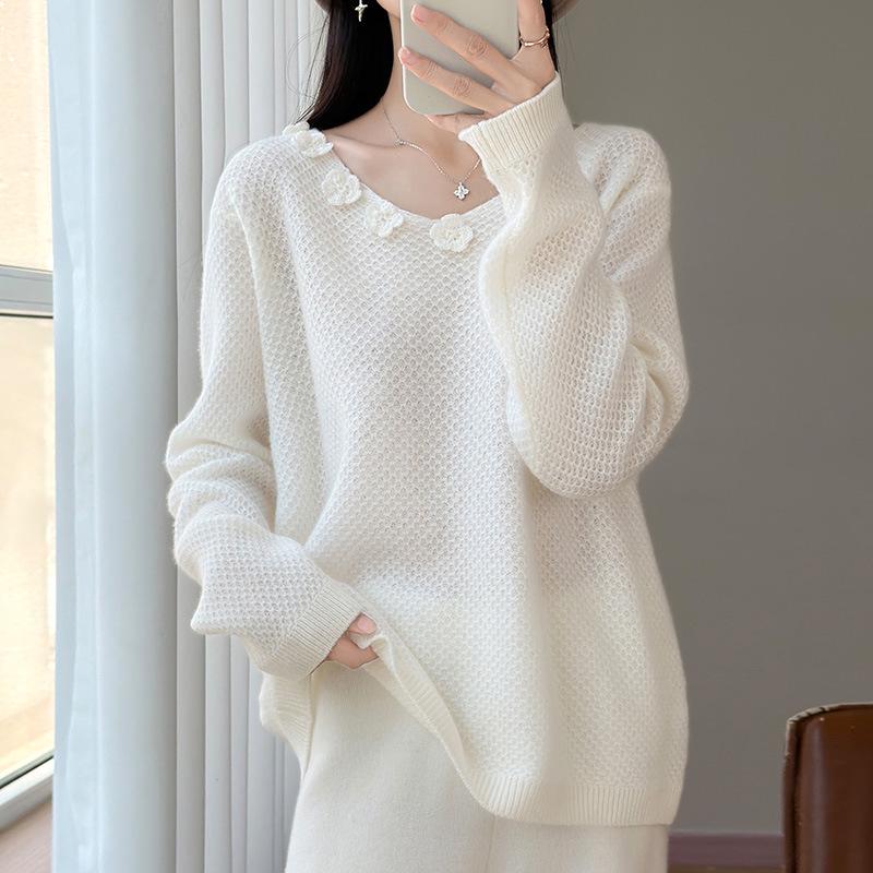100% Silk Wool French Floral Patchwork Collar Sweater - Women's Autumn Winter Crochet Knitwear, Lazy Style