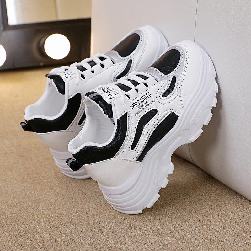 Fashion Chunky Platform Sneakers Women Spring Thick Bottom Sprots Shoes Woman PU Leather Mix Color Lace Up Casual Shoes