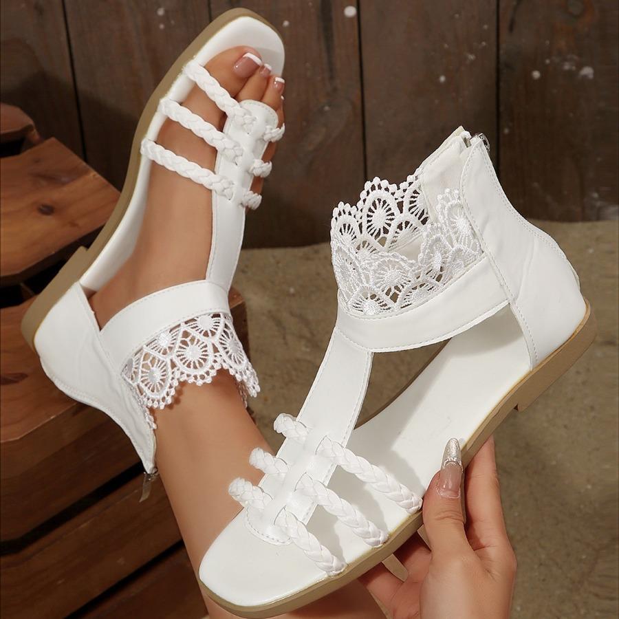 Plus Size 2025 Spring/Summer New Arrival Roman Bohemian-Style Woven Back Zipper Lace Flat Sandals
