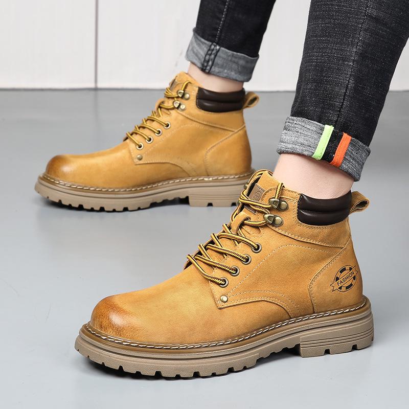 Men's High-Top Warm Genuine Leather Martin Boots - Yellow, Casual Outdoor Hiking & British Work Style for Autumn/Winter