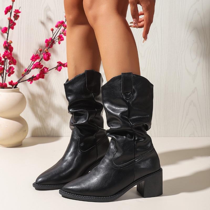 Block Heel Stack Boots Autumn New Pointed Toe Sleeve Non-Slip Wear-Resistant Block Heel Mid-Leg Boots