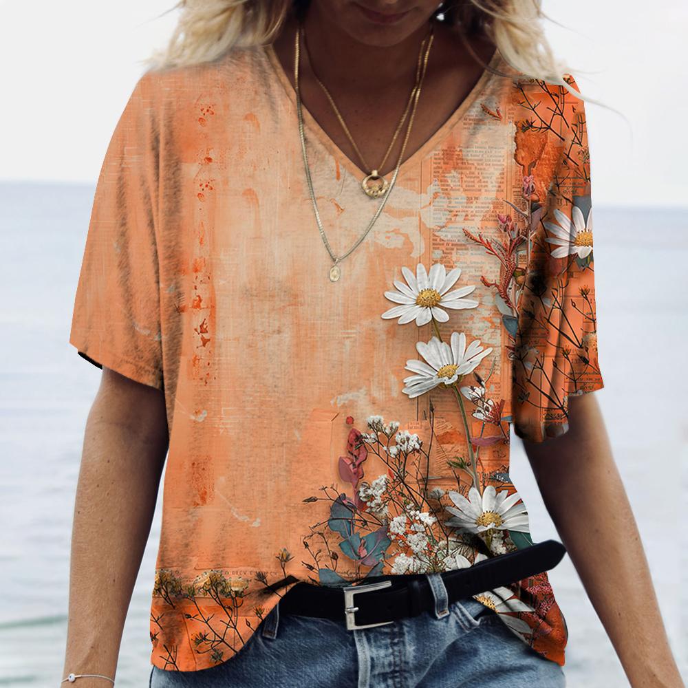 

Женские футболки Летние градиентные топы с графикой V-образный вырез Модная женская винтажная одежда Футболки с цветочным принтом Свободные футболки 5xl