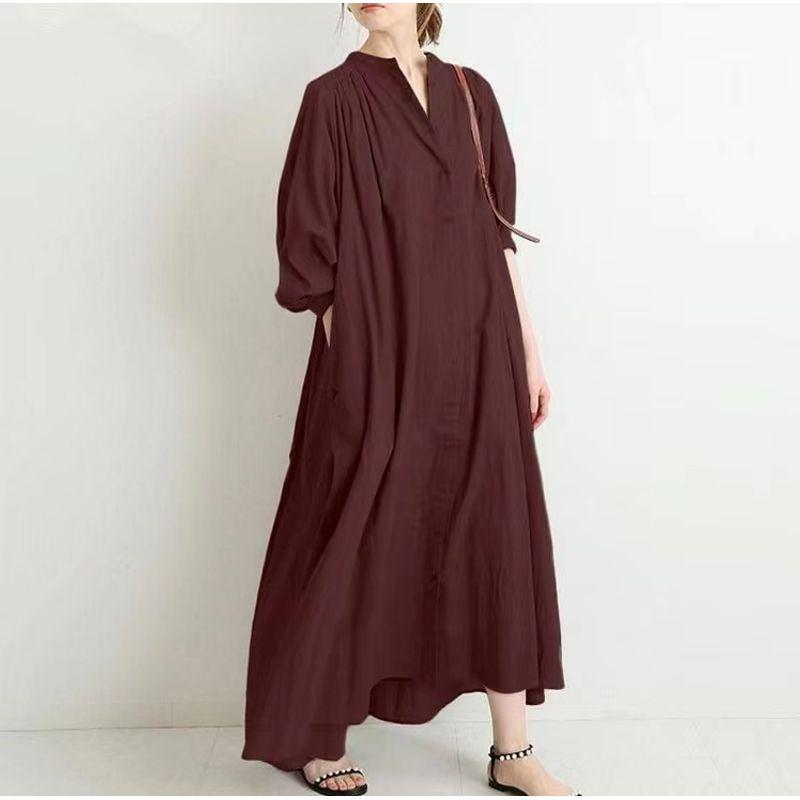 

K-style Spring & Fall Artistic Hong Kong Style Plus Size Chubby Girl Pure Color Loose Casual Fashion Single-Breasted Temperament Overknee Dress Burgundy 2XL