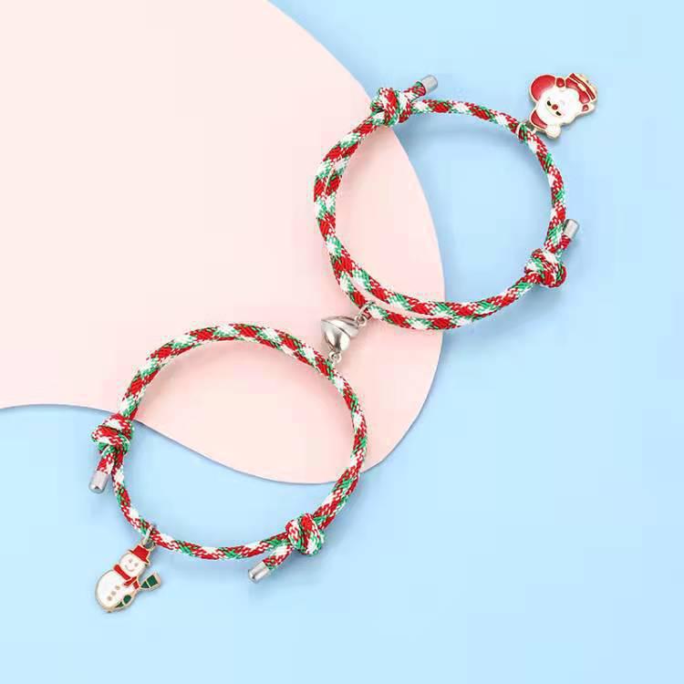 Santa Claus Magnet Heart Couple Bracelets - Drip Oil Alloy Christmas Pair