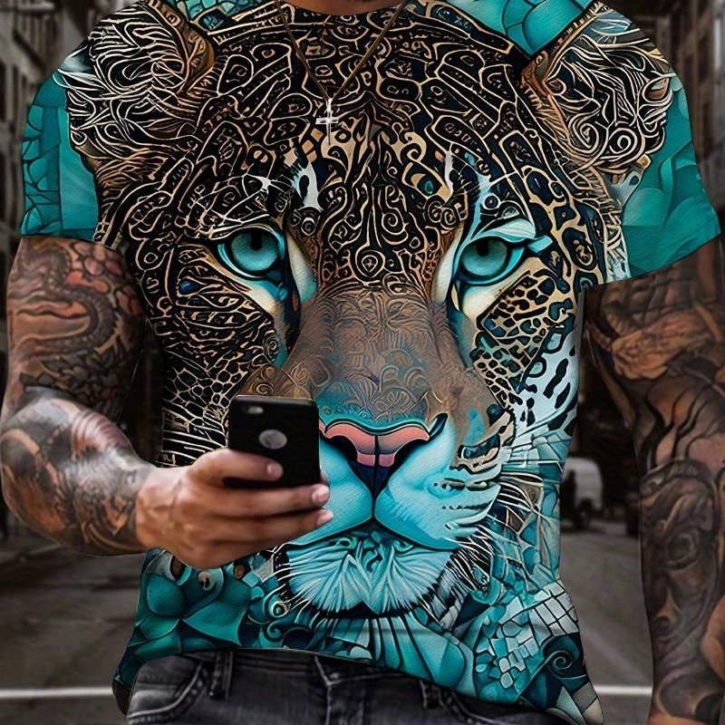 Summer men's 3D lion and tiger pattern T-shirt, casual micro elastic breathable T-shirt, suitable for outdoor jogging wear