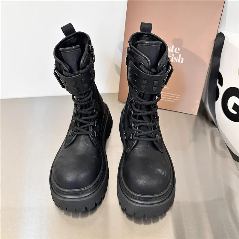 Ladies Shoes  High Quality Side Zipper Women's Boots Fashion Cross Lacing Office and Career New Round Toe Mid-Calf Boots