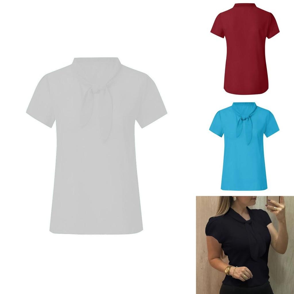 Versatile Fashion Women Short Sleeve Bow Chiffon T Shirt Blouse For Summer Casual Wear