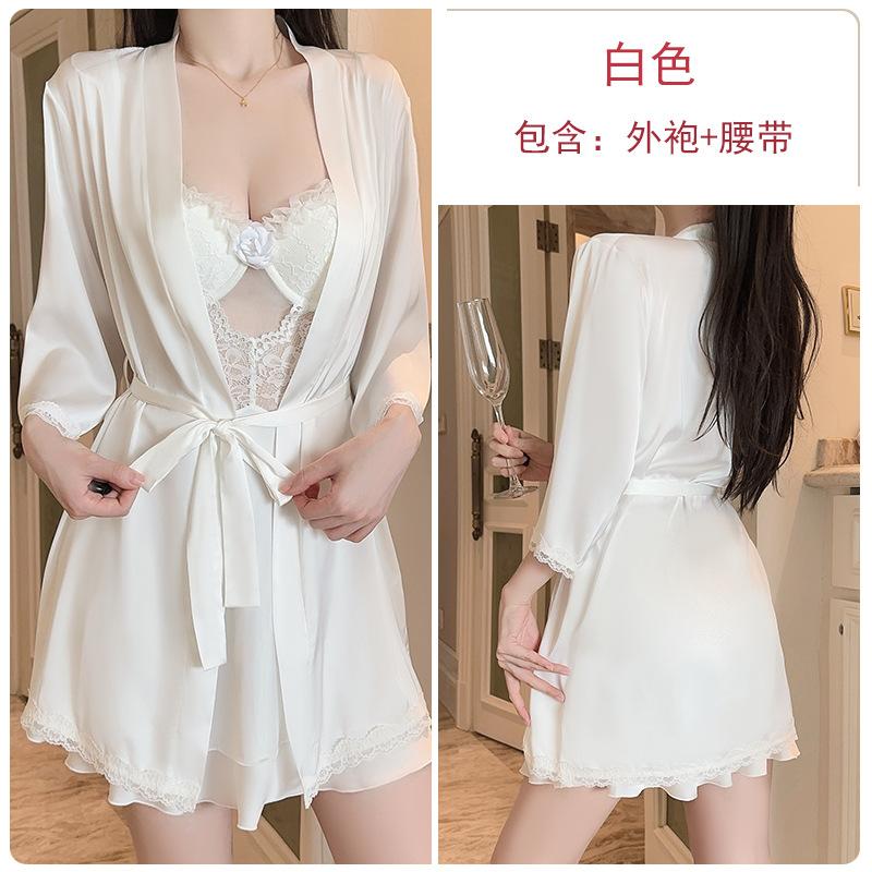 Women's Silky Satin Lace Cutout Deep V Push Up Padded Sleep Dress with Robe Set