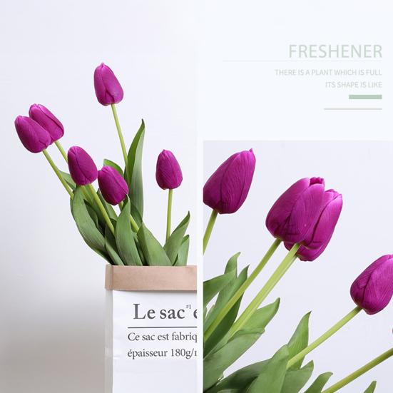 Artificial Tulip with Green Leaves Realistic Fake Flower Stem Wedding Party Table Centerpiece Indoor Outdoor Faux Bloom Decoration