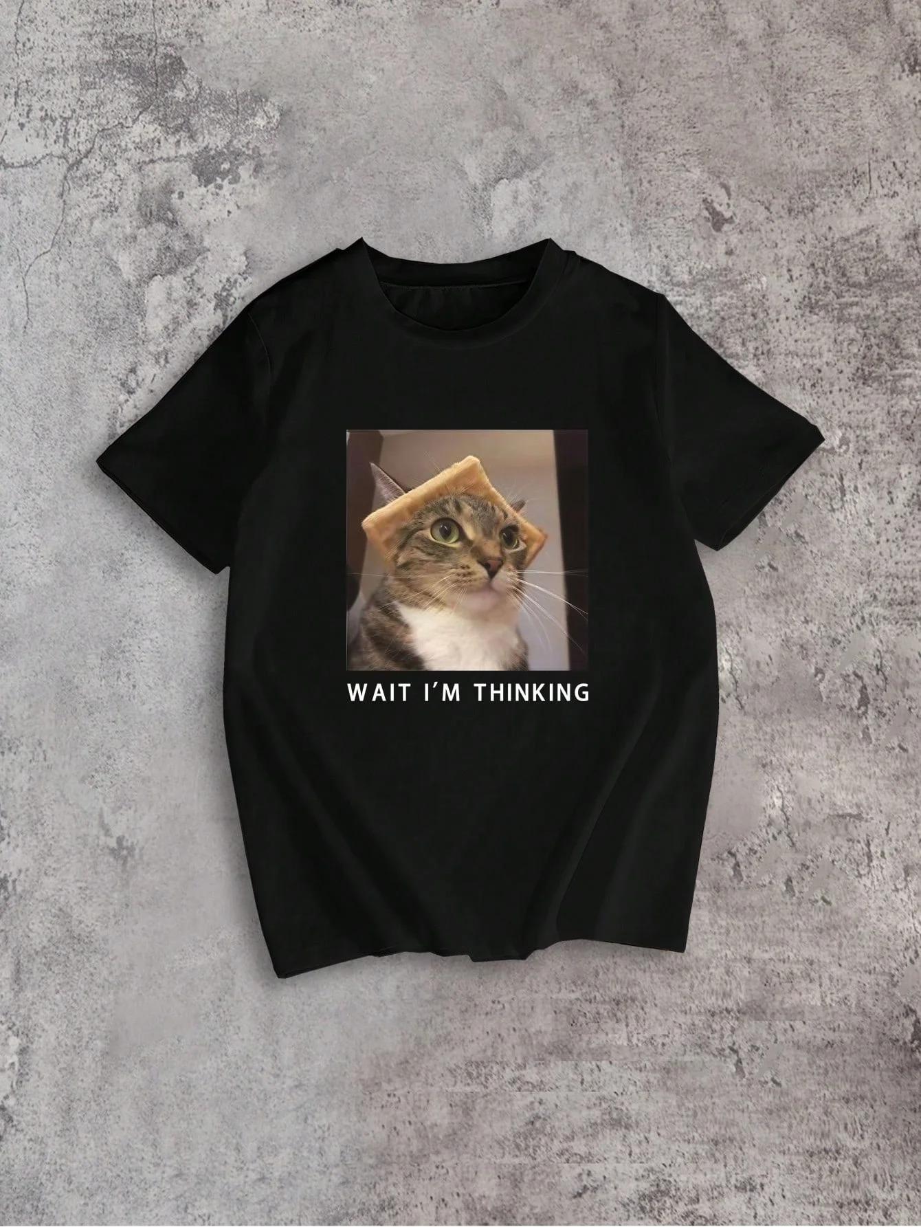 

Wait I m Thinking Funny Cat Graphic Women s Crewneck Casual Short Sleeve T-Shirt Summer Fashion Short Sleeves Plus Size Loose 4XL