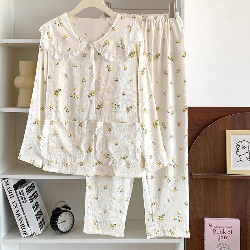 Pastoral Flower Cloud Cotton Pajamas Women'S Spring And Autumn Long-Sleeved Sweet Doll Collar Loungewear Set Real Shot