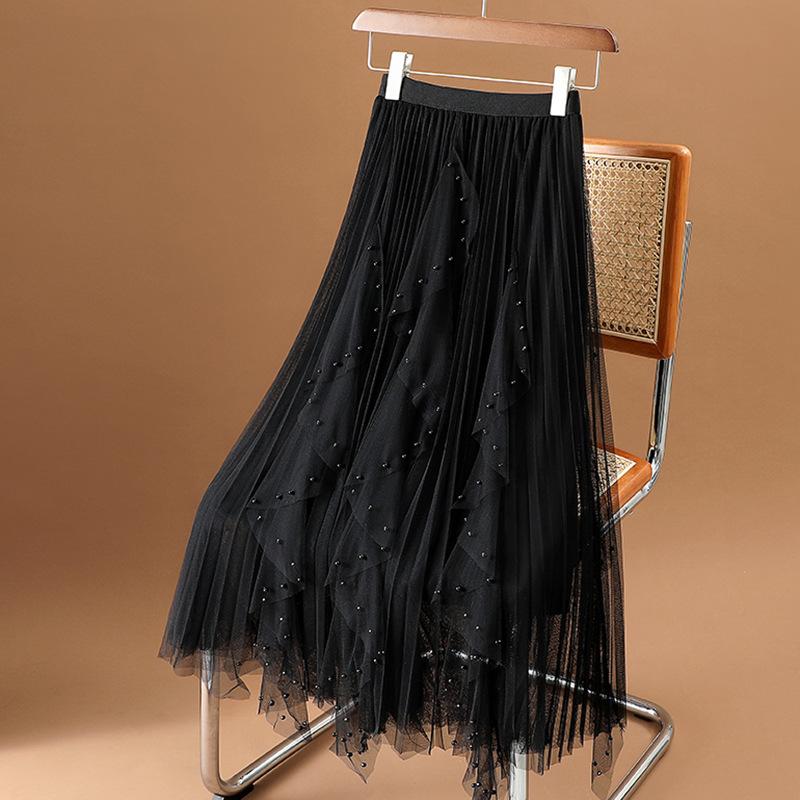

Летняя женская юбка-миди с оборками из бисера и нерегулярной сеткой One Size чёрный