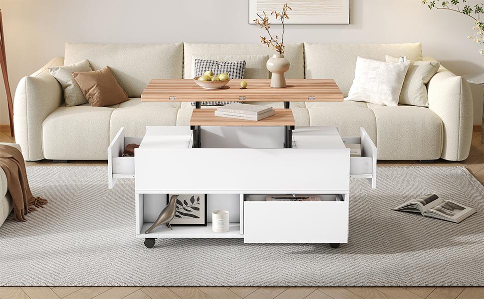 Mesa de Café de 100*50*52cm con 4 Ruedas, Mesa de Sala de Estar con 4 Cajones, Mesa de Café Elevable, Mesa para Sofá de Altura Ajustable, Blanco + Color Madera