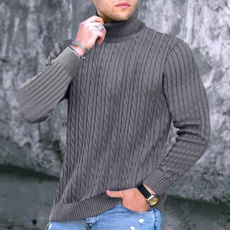 Autumn Winter Men's Knit Sweater High Neck Warmth Fashion Solid Color Slim Fit Male Bottoming Tops Jacquard Pullovers