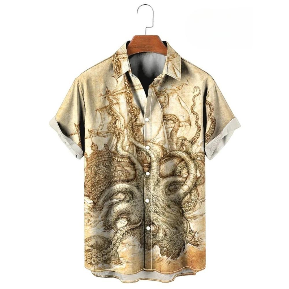 Vintage Button Up Shirt Man 3d Map Printed Short Sleeve Hawaiian Shirt Lapel Men's Clothing Casual Fashion Tops