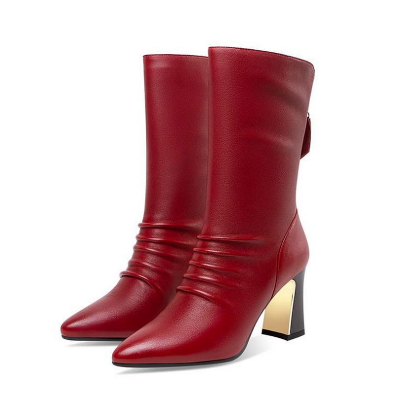 FHC Damskie Kozaki do Połowy Łydki z Miękkiej Skóry, Zimowe Buty na Wysokim Obcasie, Krótkie Botki ze Szpicem, Zamek z Tyłu, Czarne, Czerwone, Dropship