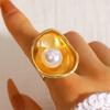 Finger Ring Imitation Pearl Embellishment Artistic Irregular Shape Wide Double-Strip Design Women Ring Anti-Oxidation Jewelry