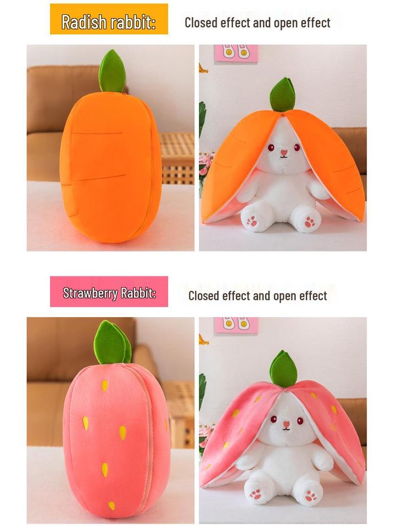 Strawberry Bunny Plush Toy with Big Ears and Carrot Stuffed Doll