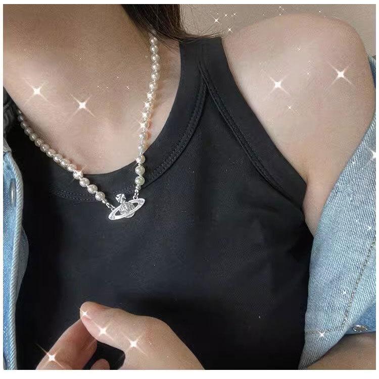 Damen Rosa Diamant Saturn Perlenkette - Stern-Stil Voll Diamant Schlüsselbeinkette, Ideales Vielseitiges Weihnachtsgeschenk