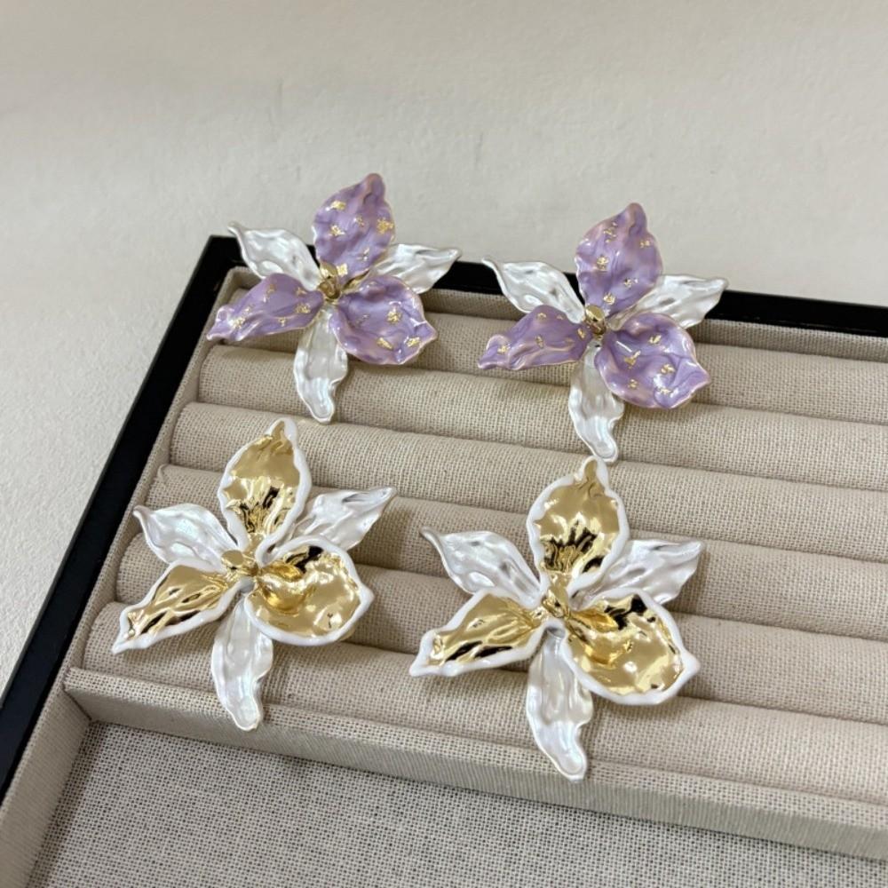 1 pair Luxury Enamel Iris Earrings Zinc Zinc Alloy Metal Flower Ear Studs Golden and Silver Earrings  Banquet