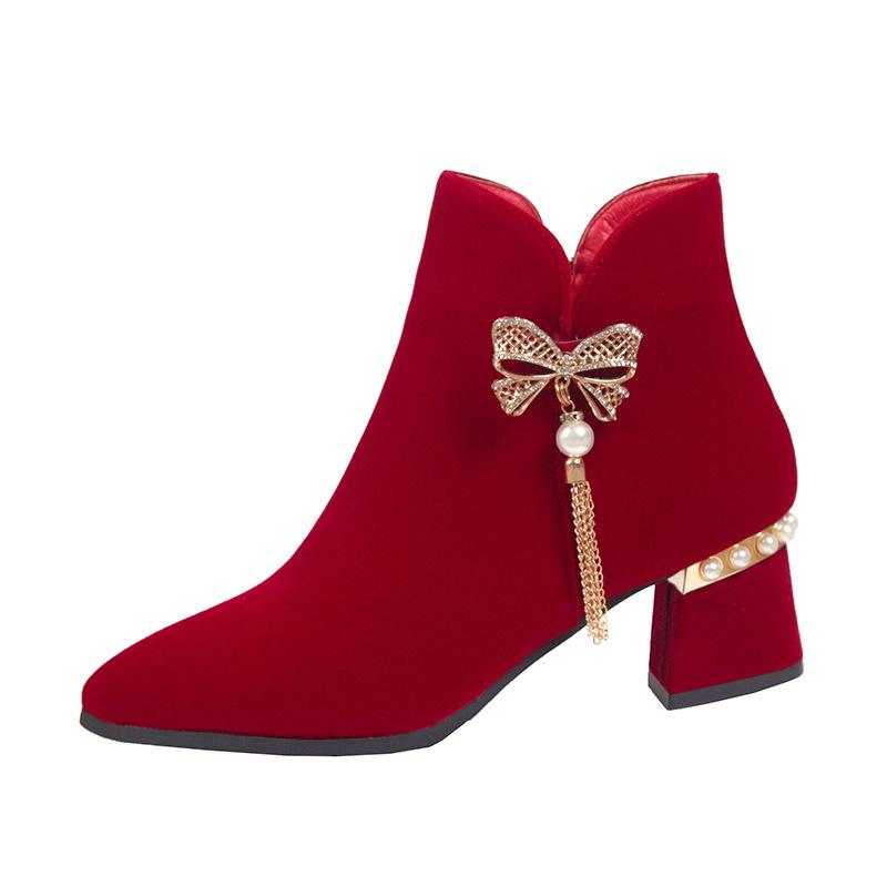 Internet-Berühmtheit Herbst- und Winter-Brautstiefel 2025 neue burgunderrote festliche Hochzeitsstiefel Strass-Fransen dicker Absatz keine müden Füße Modestiefel