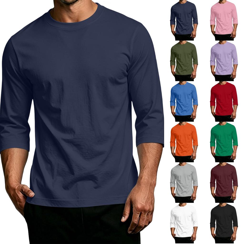Men Casual Regular Fit Crewneck Three Quarter Sleeve T Shirt Soft Cotton Blend Plain Lightweight Top for Daily Wear