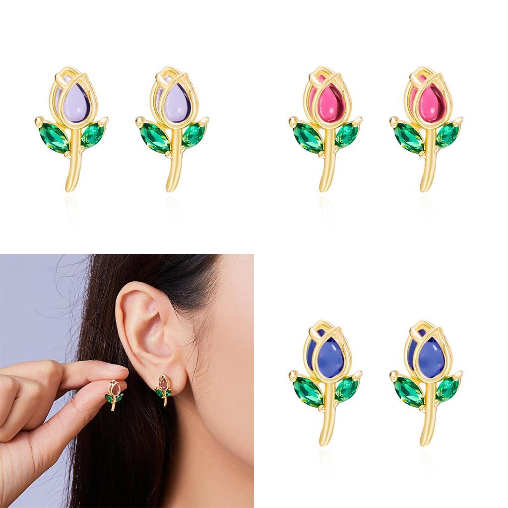 Floral Tulip Stud Earrings For Women Copper Glass Spring Fashion Jewelry