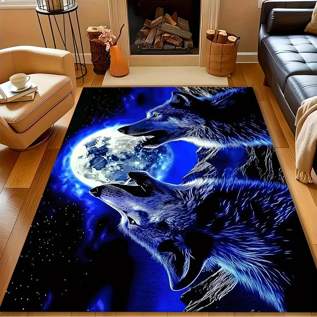 Wolf Moon Rug Flannel Soft Kids Carpet Howling Wolf Print Bedroom Kitchen Floor Mat Anti Slip