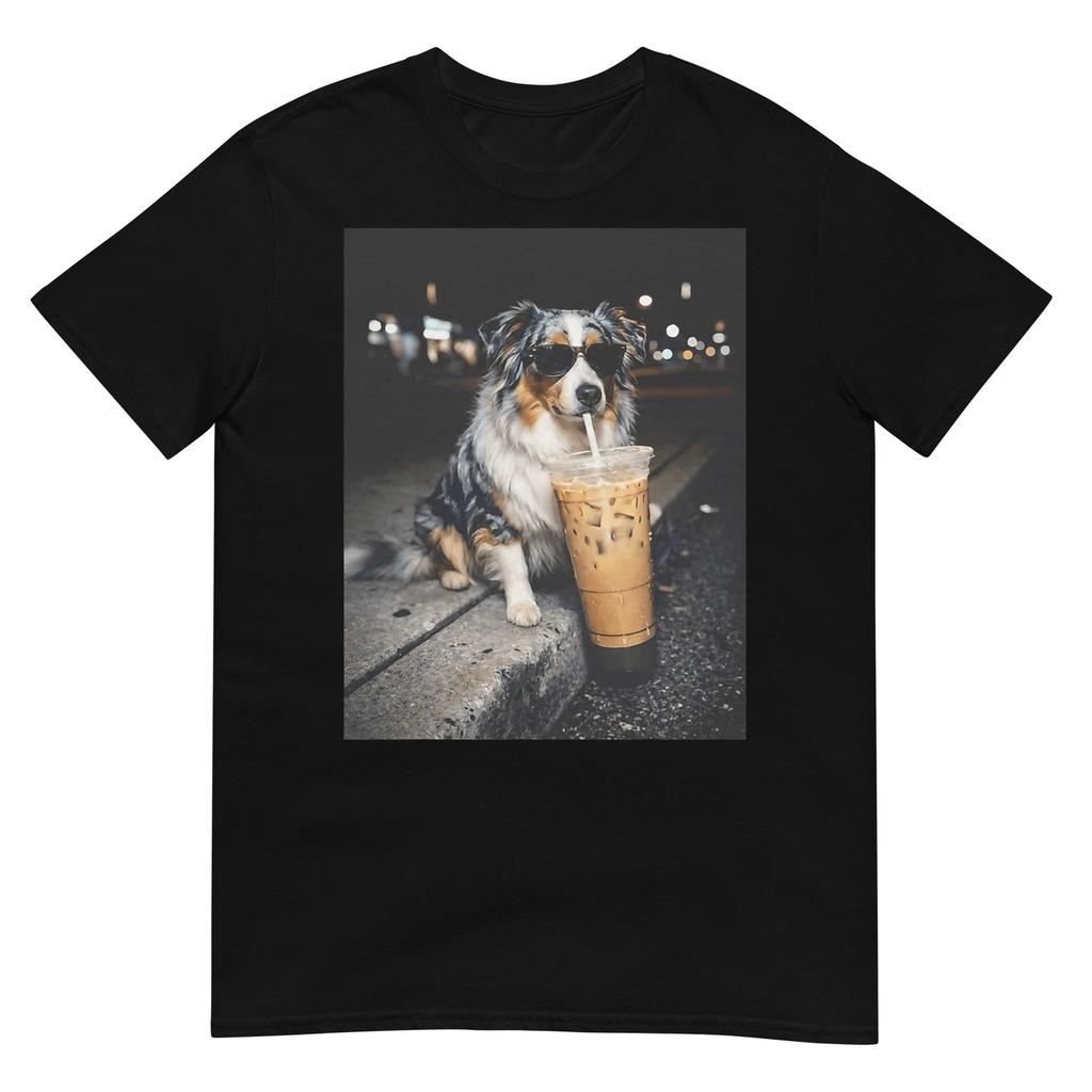 Australian Shepherd Drinking Iced Coffee Funny Dog Humor Art T-Shirt