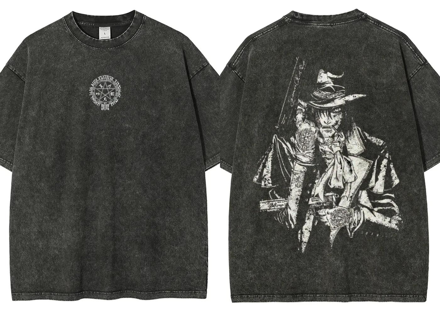 

Dark Style Action Anime Hellsing Graphic Print T Shirt Unisex Women Fashion Harajuku Vintage Washed Cotton Tee Oversize Casual Top 2XL
