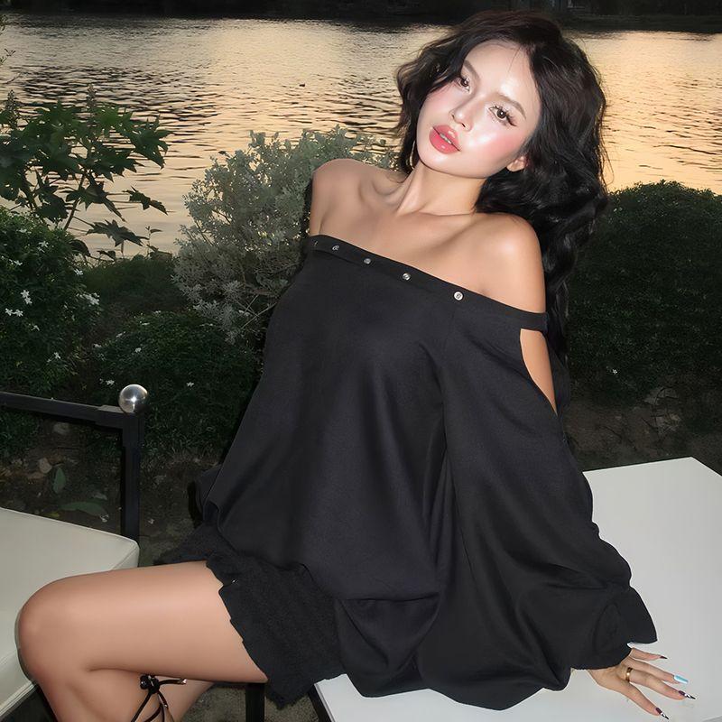 

# Sisjuly# Sweet Lady Slack Lantern Drape Rivet Hollow Design Frill Long sleeve dress Women Black S