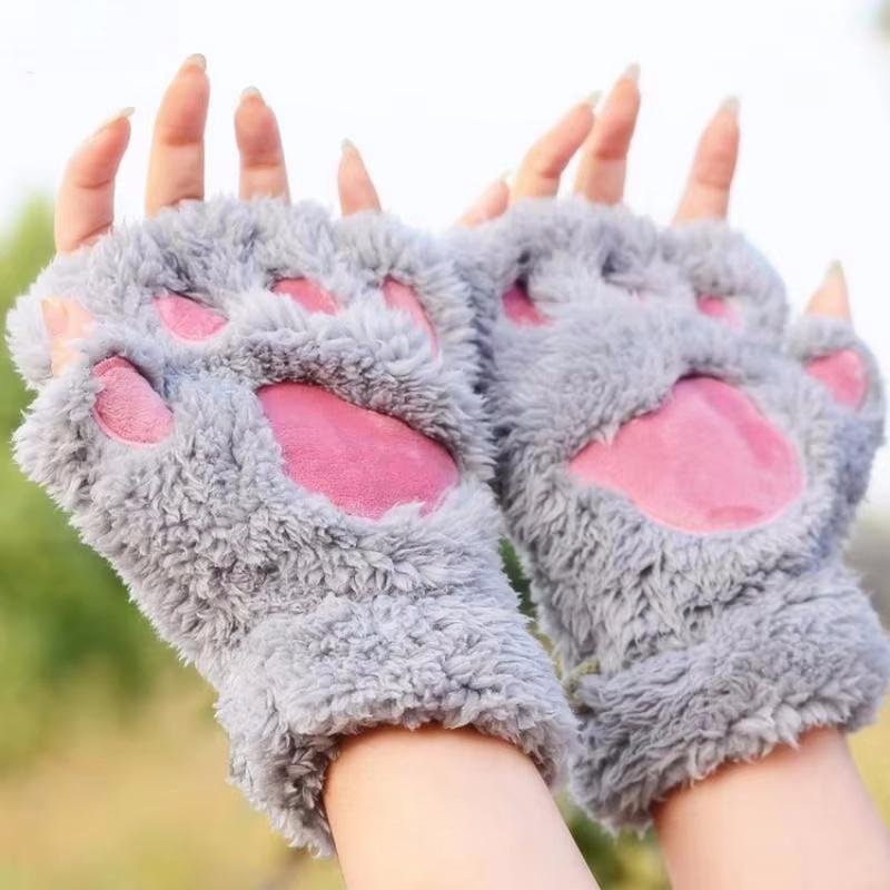 Adorable Cat Paw Print Mittens Women Winter Warm Gloves Thermal Insulated Half Finger Claw Design Outdoor Winter Accessories